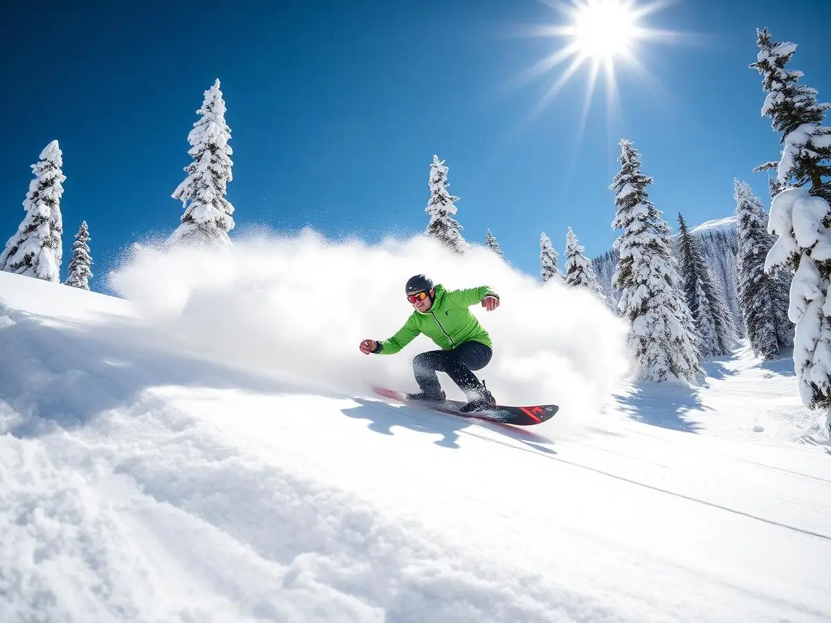 Snowboarder carving powder below snow-covered pines at Beaver Creek, Colorado